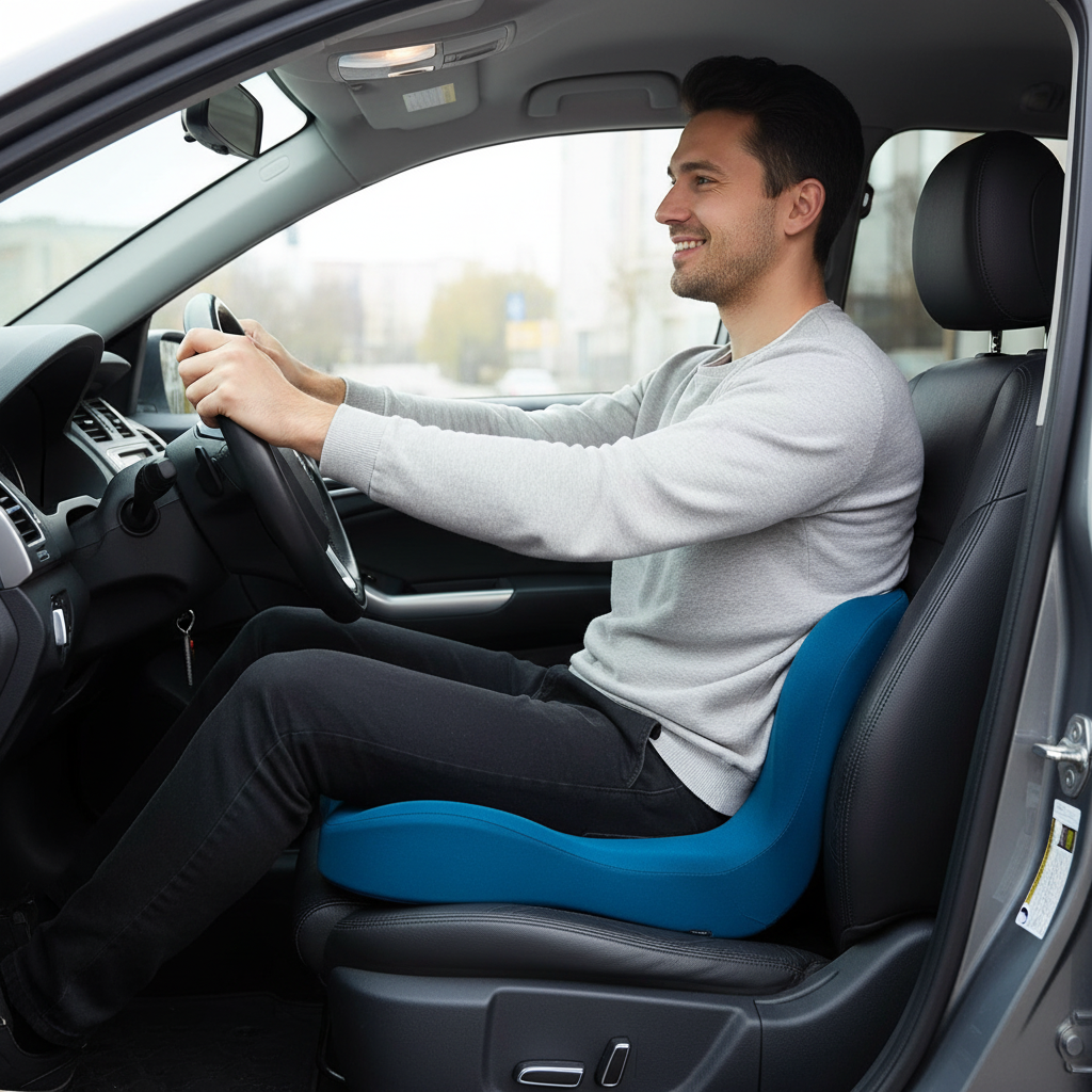 Driver with visible blue posture pillow