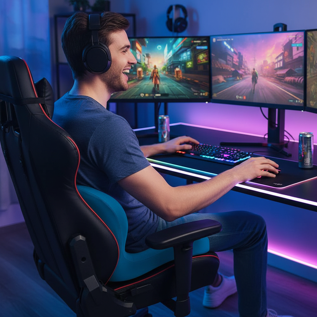 Gamer with realistic blue posture pillow