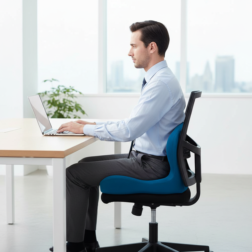 Office worker with visible blue posture pillow